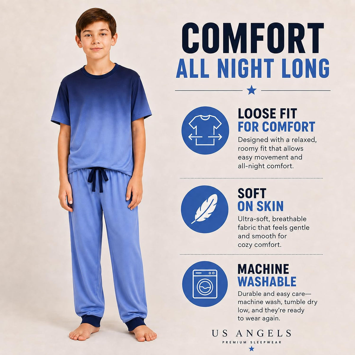 US Angels Boys Pajamas Set | 3-Piece Pant, Shirt, Shorts Sleepwear Pjs for Kids | Loose Fit, Soft, Breathable Blue Plaid