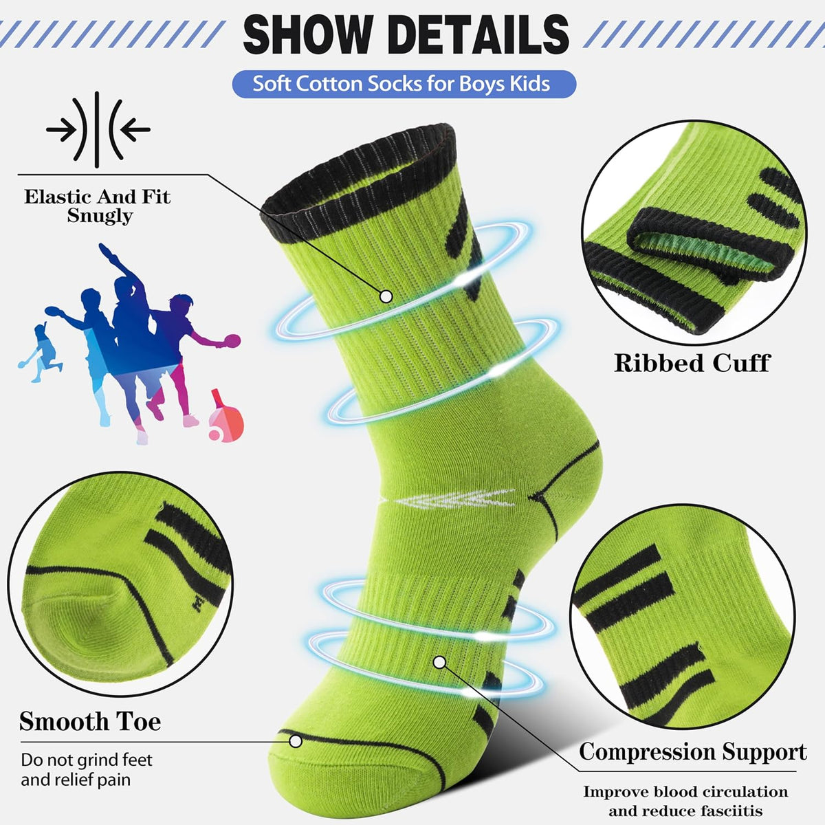 Sandsuced 6 Pairs Kids Boys Socks Athletic Basketball Sport Youth Crew Cotton Soft Breathable Socks for Outdoor