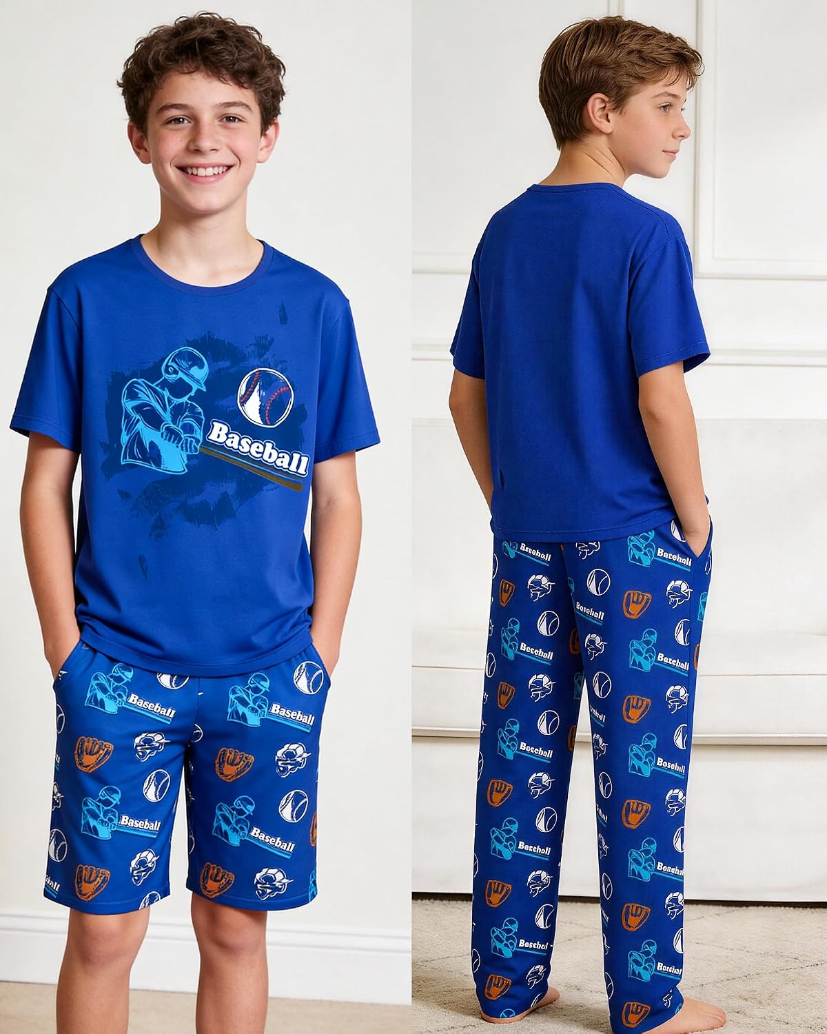 Fiodrimy Boys Pajamas 3-Piece Pjs Set Top with Shorts and Pants Sleepwear for Kids Soft Jammies Loungewear Size 8-14