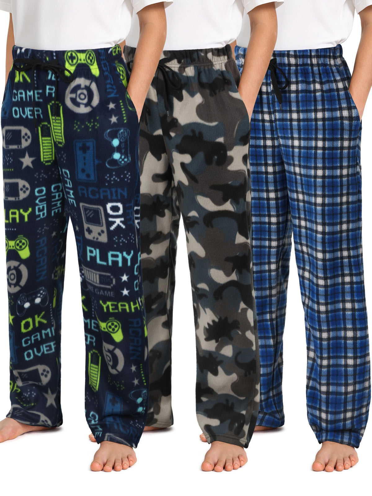IHU 3 Pack Boys Pajama Pants Kids Micro Fleece Pj Bottoms Sleepwear Plaid Lounge Pant with Drawstring Pockets Boy Clothes