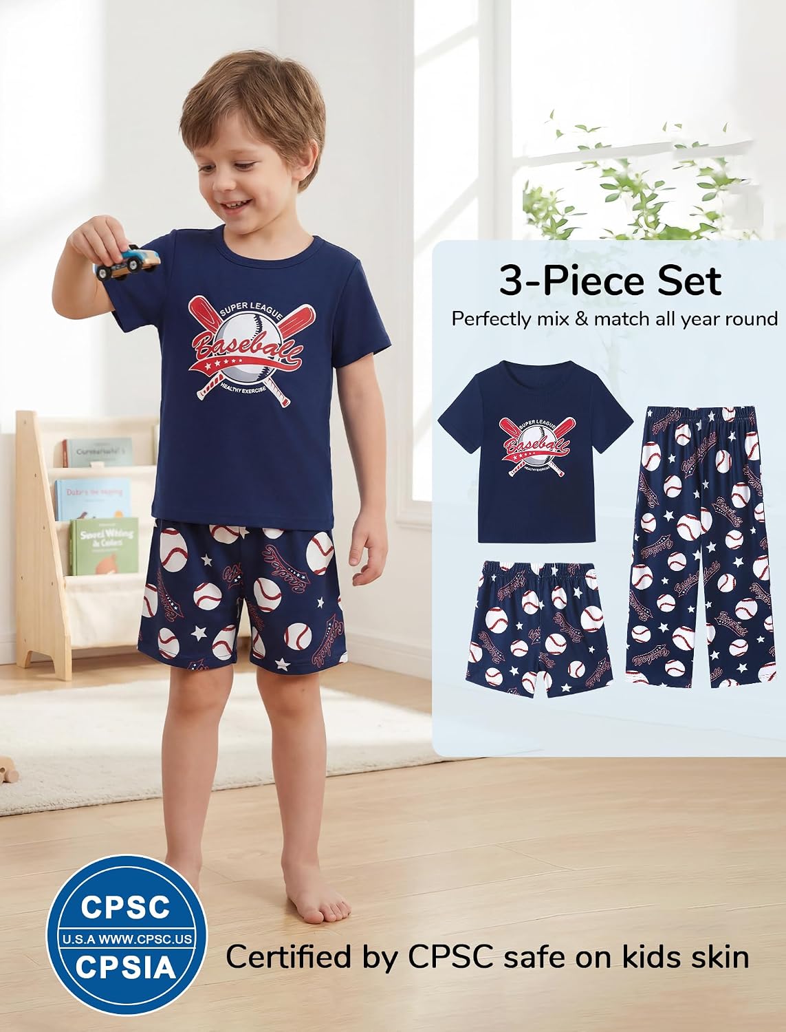 Mikrdoo Boys Pajamas 3 Piece Summer Sleepwear Soft Short Sleeves Shorts Set & Long Pants Cool PJs Size 2-14 Years