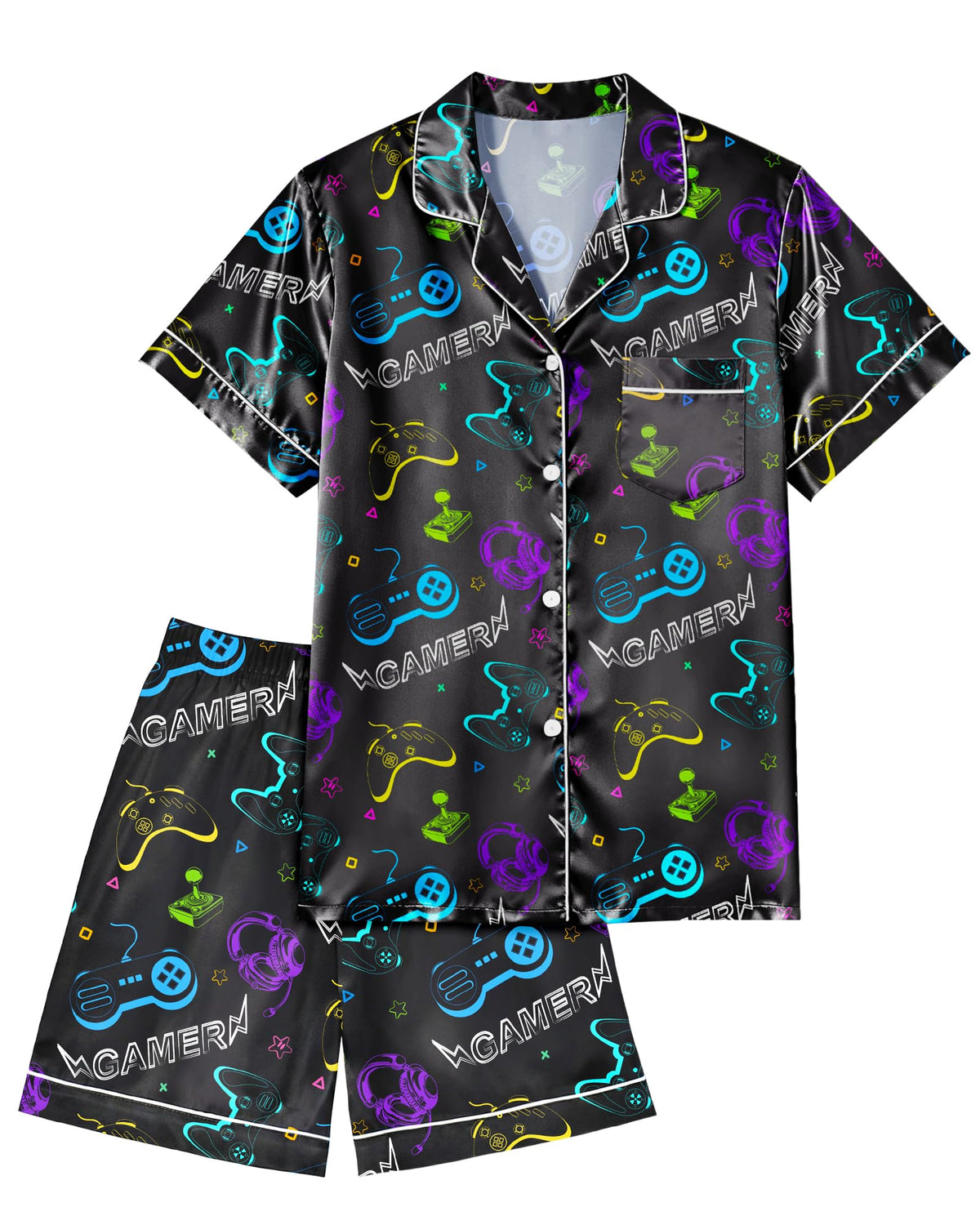PASHOP Boys Pajamas Boys Satin Pajamas Set Summer Short Sleeve Button-Down & Shorts Pjs Kids Boy Silky Pajama Size 8-14