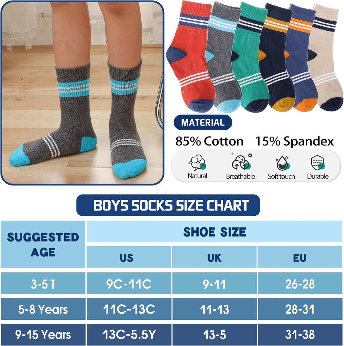 Welwoos 6 Pairs Kids Boys Girls Socks Athletic Basketball Youth Sport Crew Cotton Breathable Soft Socks