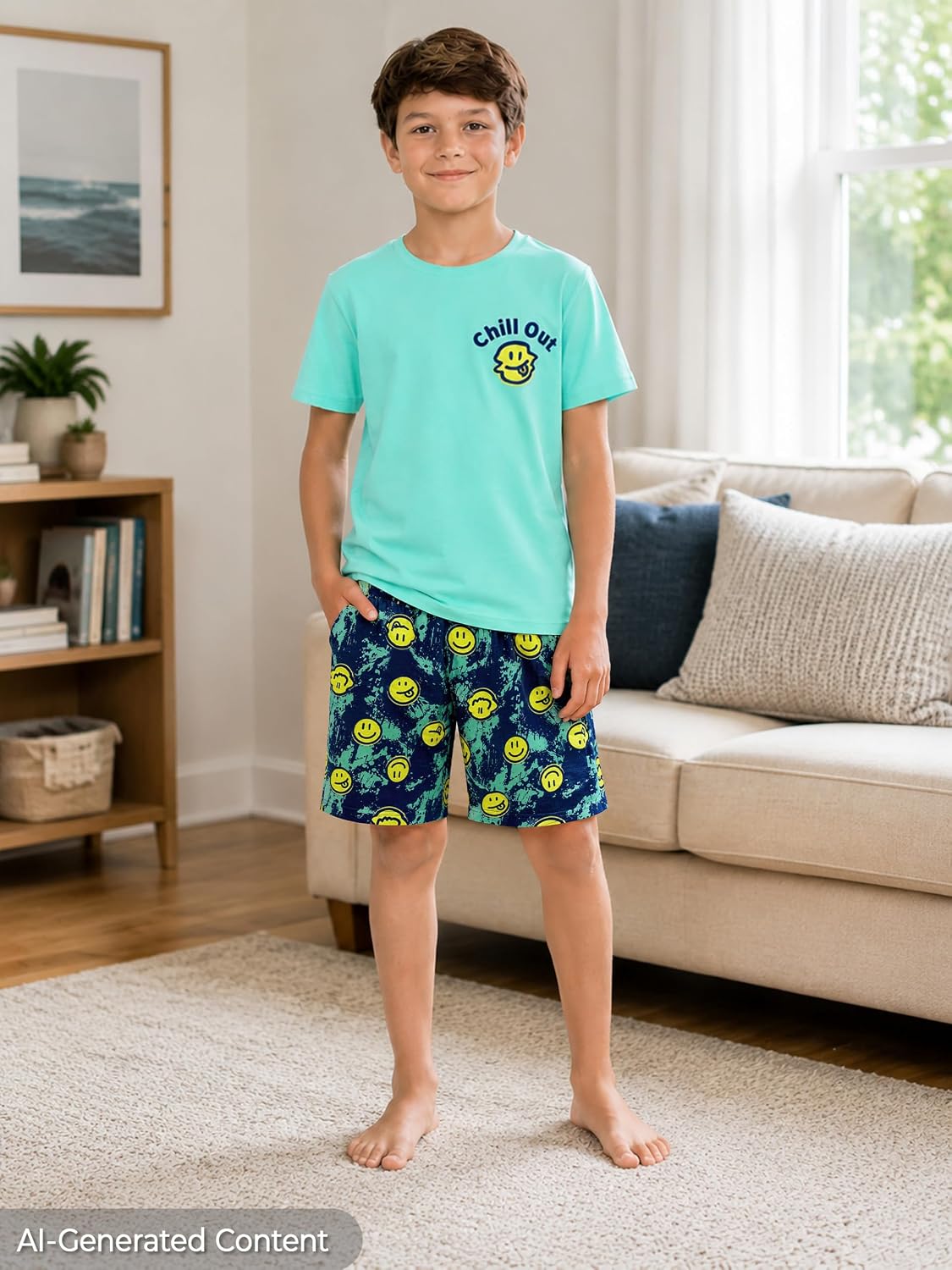 Beezizac Boys Pajamas, Teal & Navy Face Short-Sleeve and Shorts, Sizes 6-18