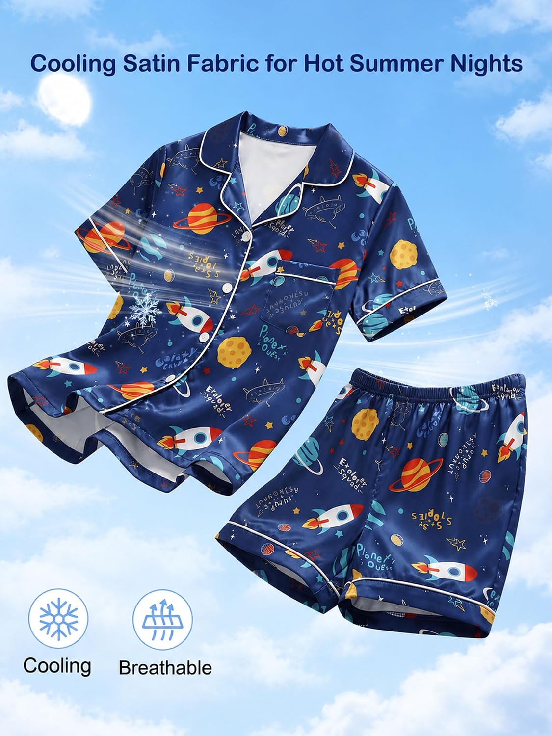 Basumee Boys Satin Pajamas Set, Silky Summer Pjs for Kids 6-13Y, 2 Pieces