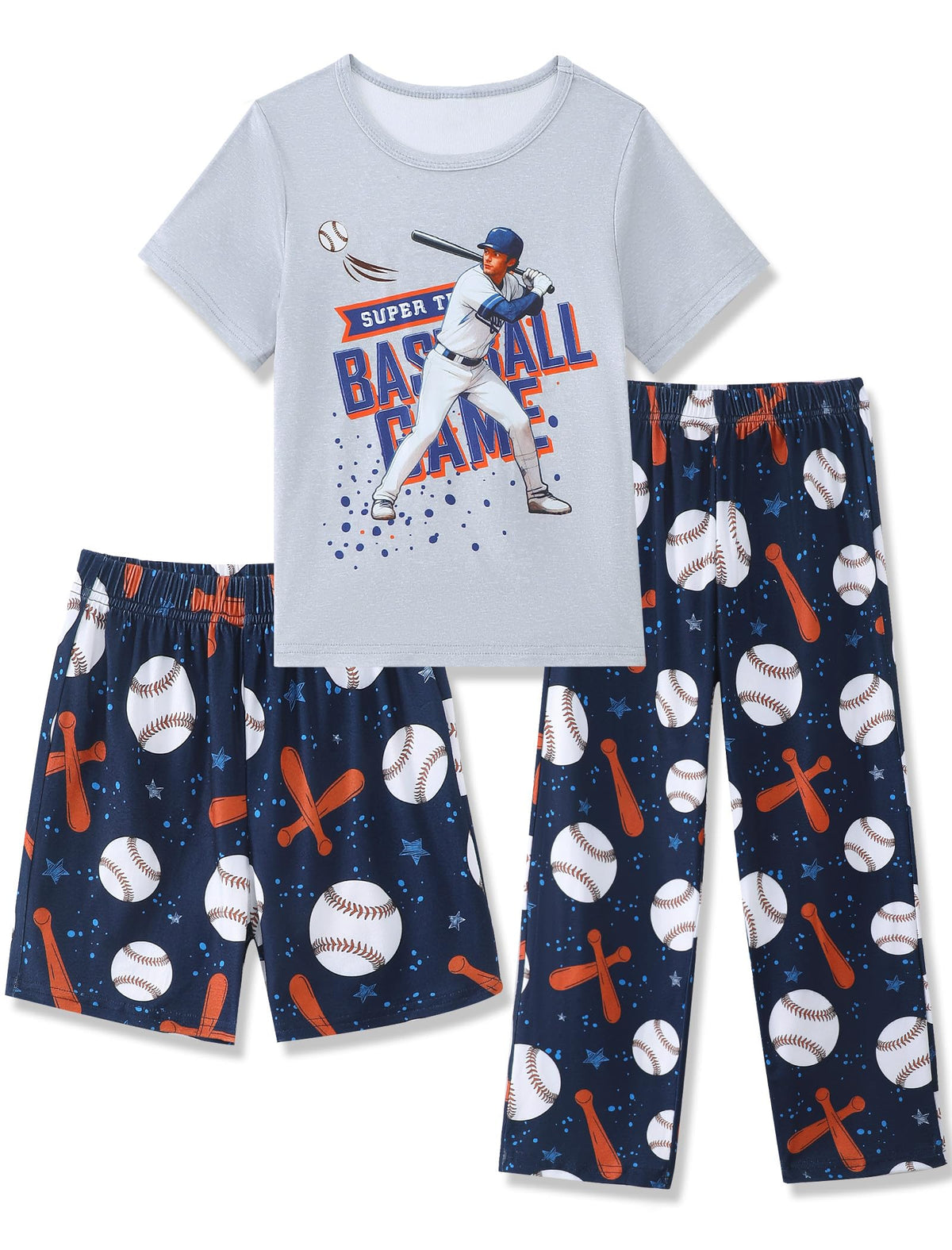 Mikrdoo Boys Pajamas 3 Piece Summer Sleepwear Soft Short Sleeves Shorts Set & Long Pants Cool PJs Size 2-14 Years