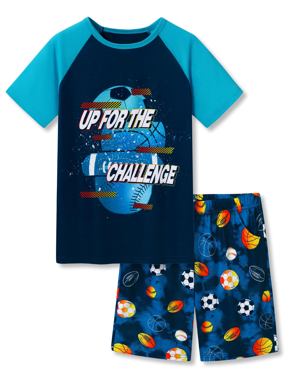 Tebbis Boys Comfy Raglan Pajama Set Fun Print Tee & Shorts Sizes 6-18