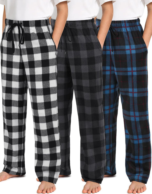 IHU 3 Pack Boys Pajama Pants Kids Micro Fleece Pj Bottoms Sleepwear Plaid Lounge Pant with Drawstring Pockets Boy Clothes