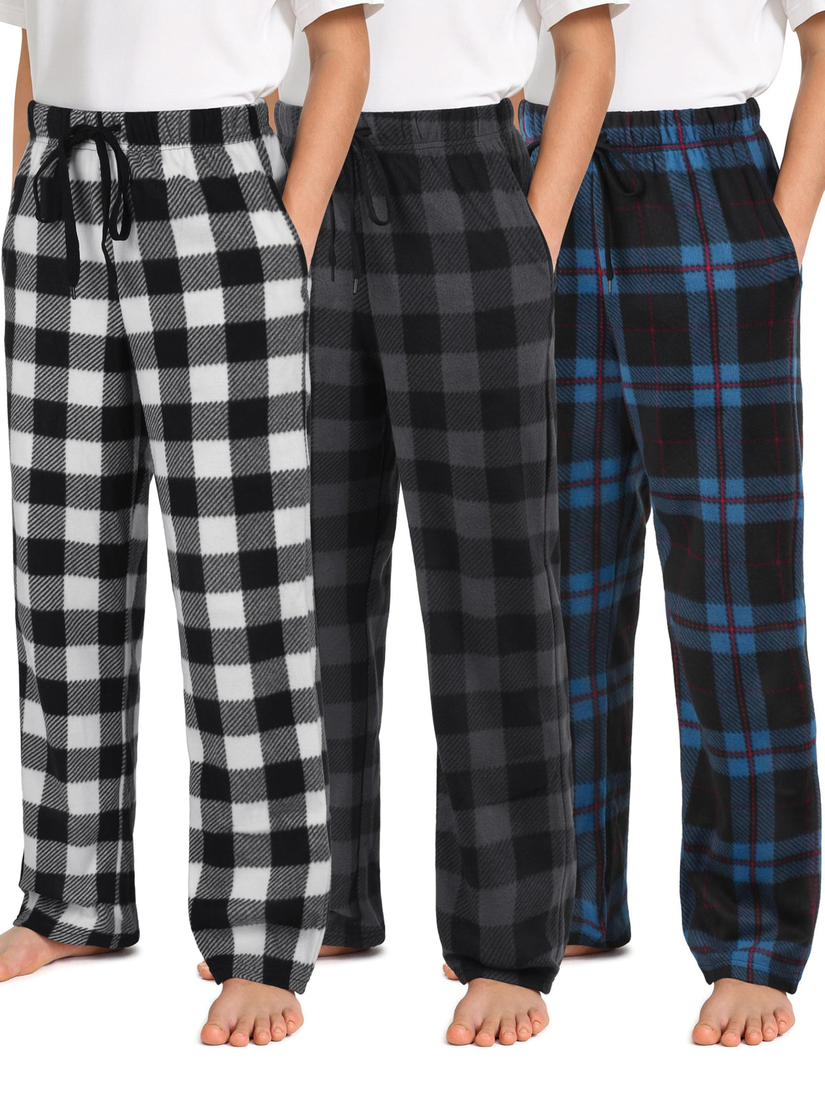IHU 3 Pack Boys Pajama Pants Kids Micro Fleece Pj Bottoms Sleepwear Plaid Lounge Pant with Drawstring Pockets Boy Clothes