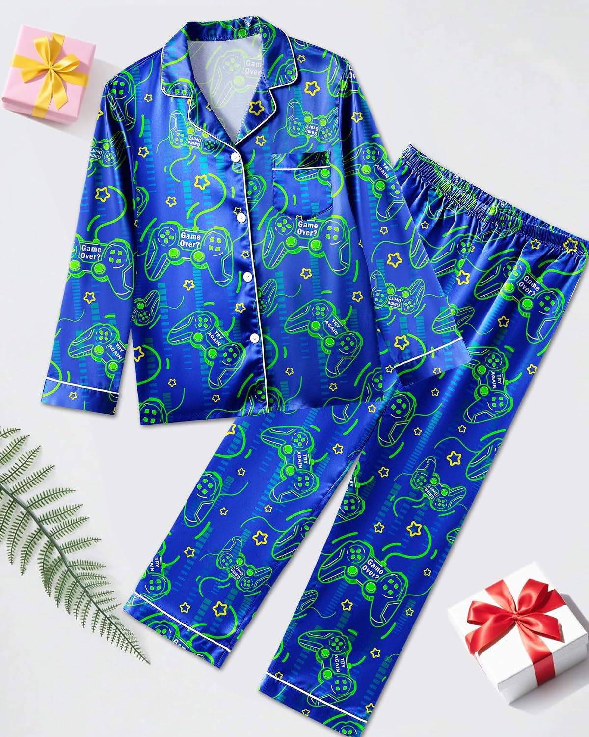 Fiodrimy Boys Pajamas Silky Satin Big Boys PJs Set 2 Piece Sleepwear Button Down Kids Jammies Loungewear Clothes Size 8-14