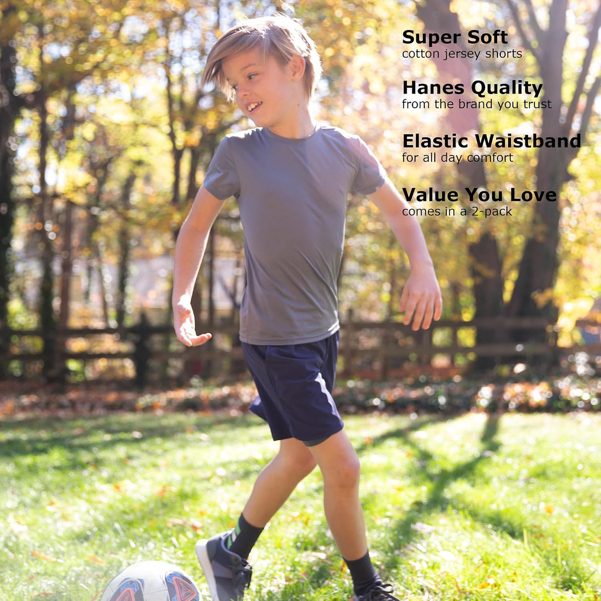 Hanes Boys Jersey Shorts Pack, 2-Pack, Cotton Shorts for Boys with Pockets, Pull-On Shorts