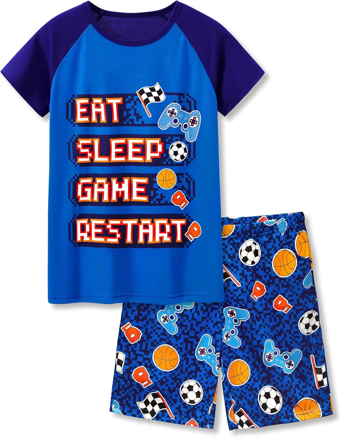 Beezizac Boys Summer Pajamas, Short-Sleeve 2-Piece Sleepwear, Sizes 6-18