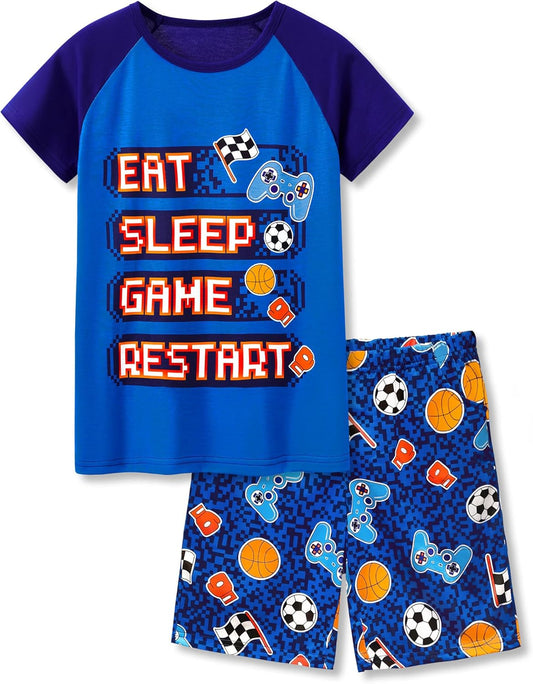 Beezizac Boys Summer Pajamas, Short-Sleeve 2-Piece Sleepwear, Sizes 6-18