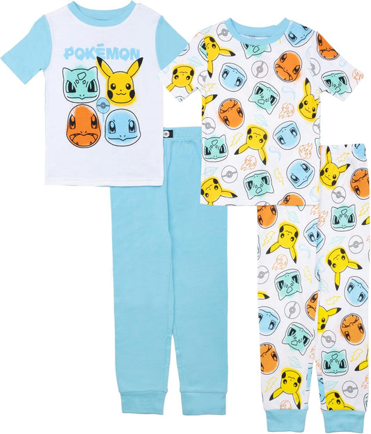 Pokémon Boys' 4-piece Snug-fit Cotton Pajama Set, Matching Pajamas
