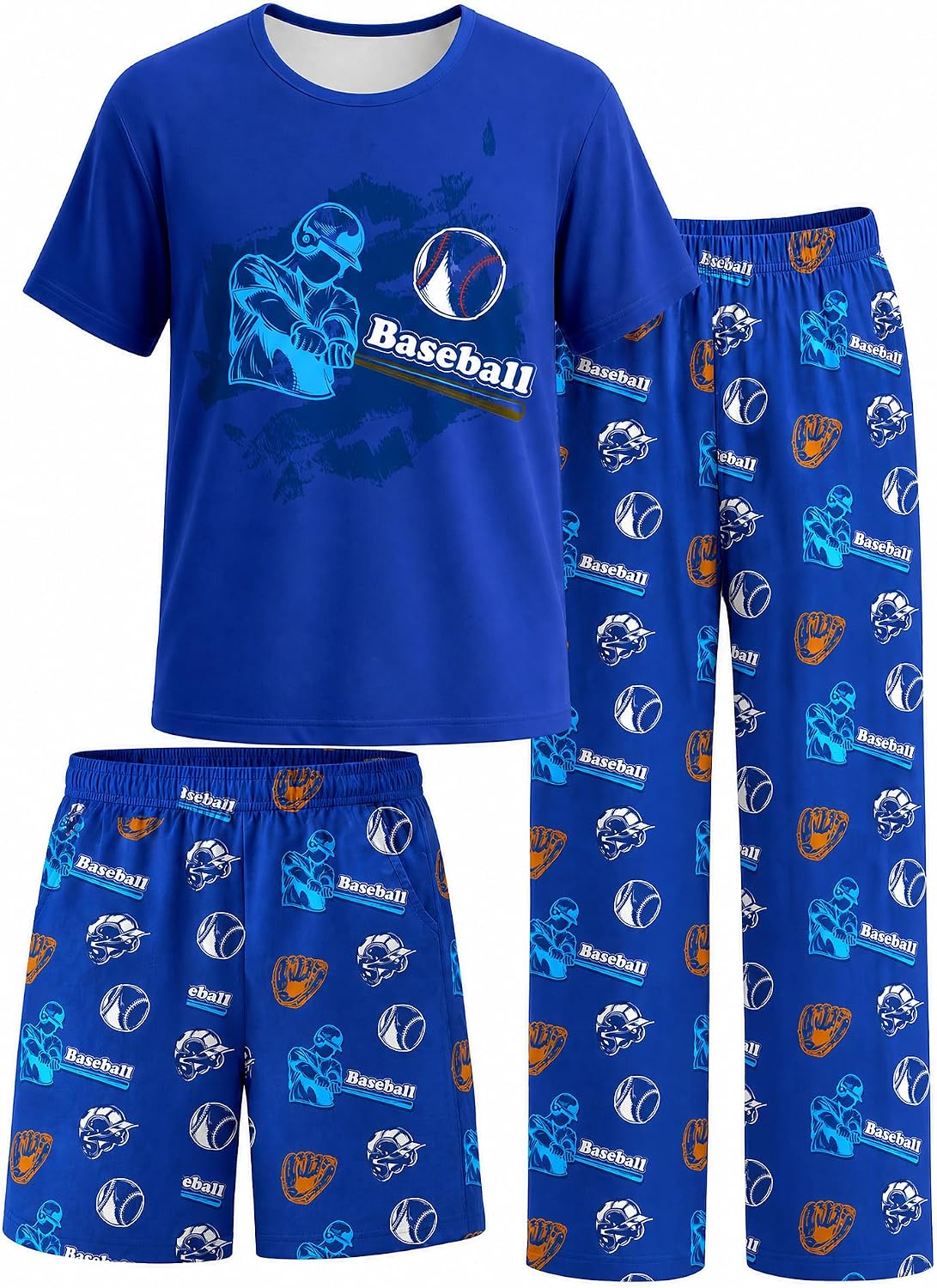 Fiodrimy Boys Pajamas 3-Piece Pjs Set Top with Shorts and Pants Sleepwear for Kids Soft Jammies Loungewear Size 8-14