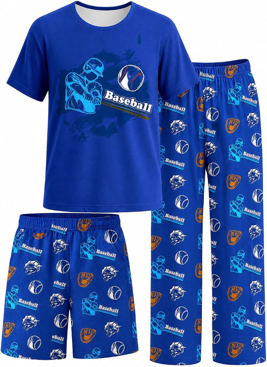 Fiodrimy Boys Pajamas 3-Piece Pjs Set Top with Shorts and Pants Sleepwear for Kids Soft Jammies Loungewear Size 8-14