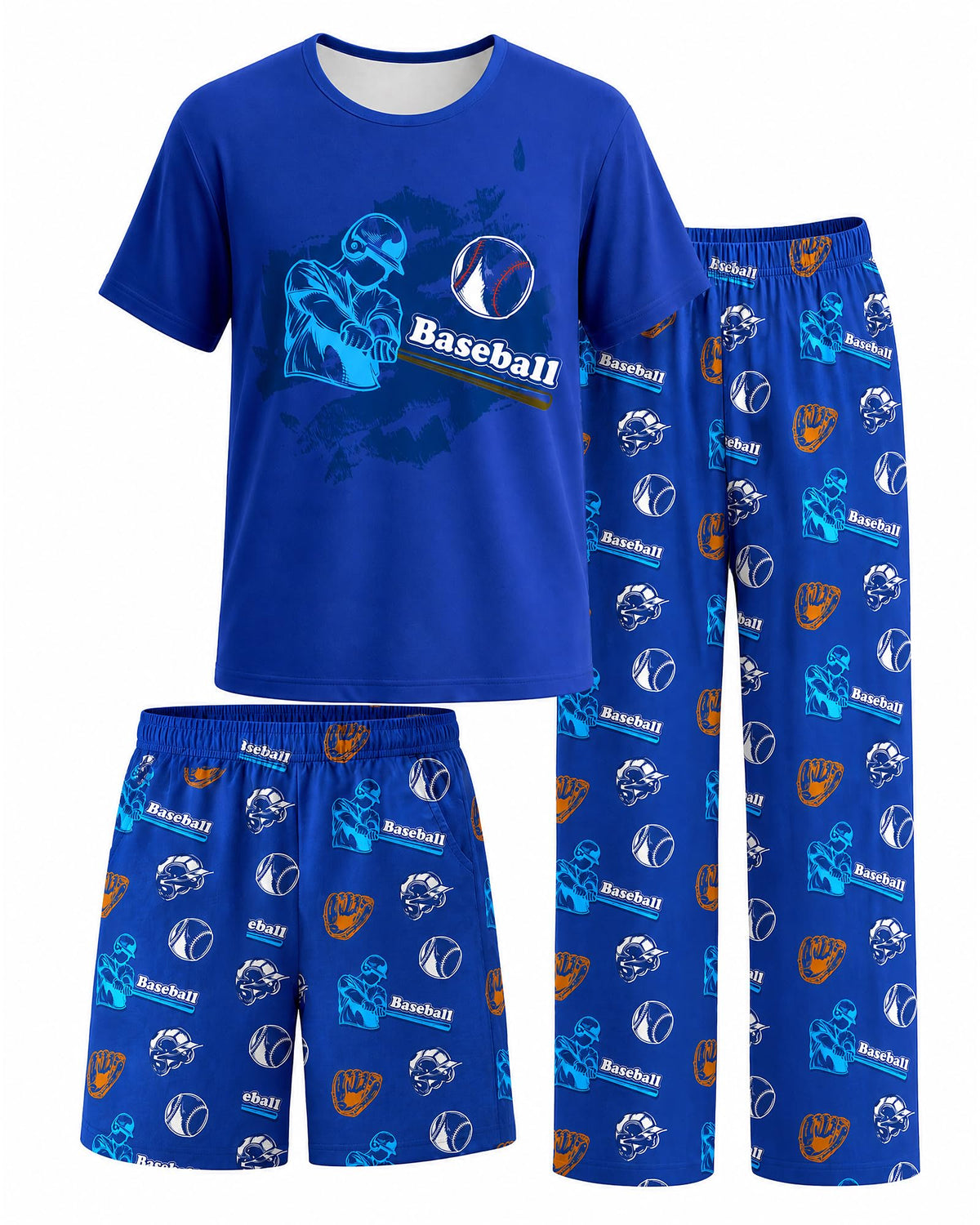 Fiodrimy Boys Pajamas 3-Piece Pjs Set Top with Shorts and Pants Sleepwear for Kids Soft Jammies Loungewear Size 8-14