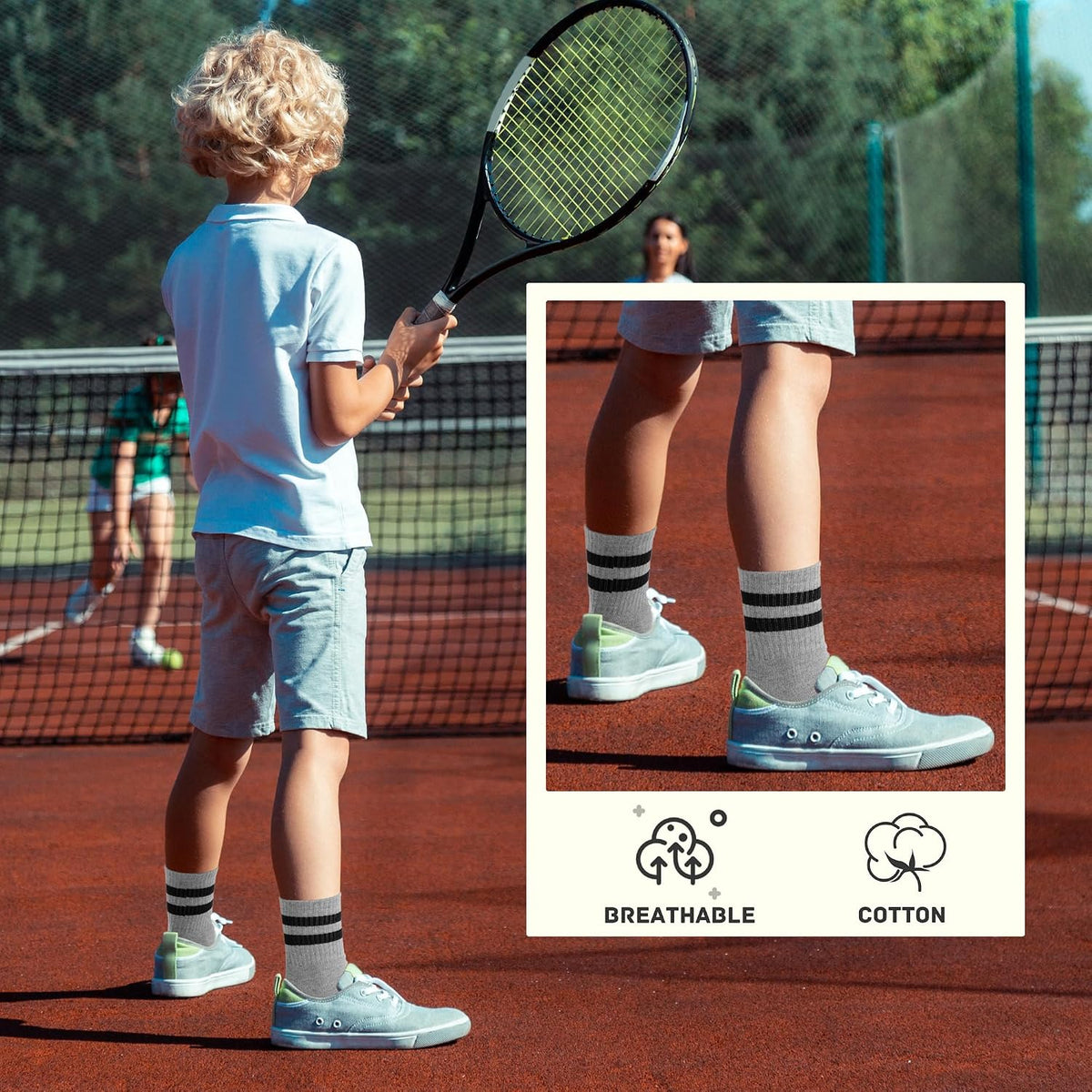 Cooraby 6 Pairs Unisex Kids Crew Socks Boys Girls Athletic Socks with Retro Stripes Soft Cotton Socks Black White Grey