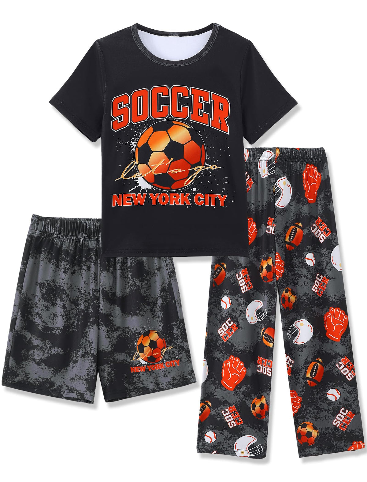 Mikrdoo Boys Pajamas 3 Piece Summer Sleepwear Soft Short Sleeves Shorts Set & Long Pants Cool PJs Size 2-14 Years