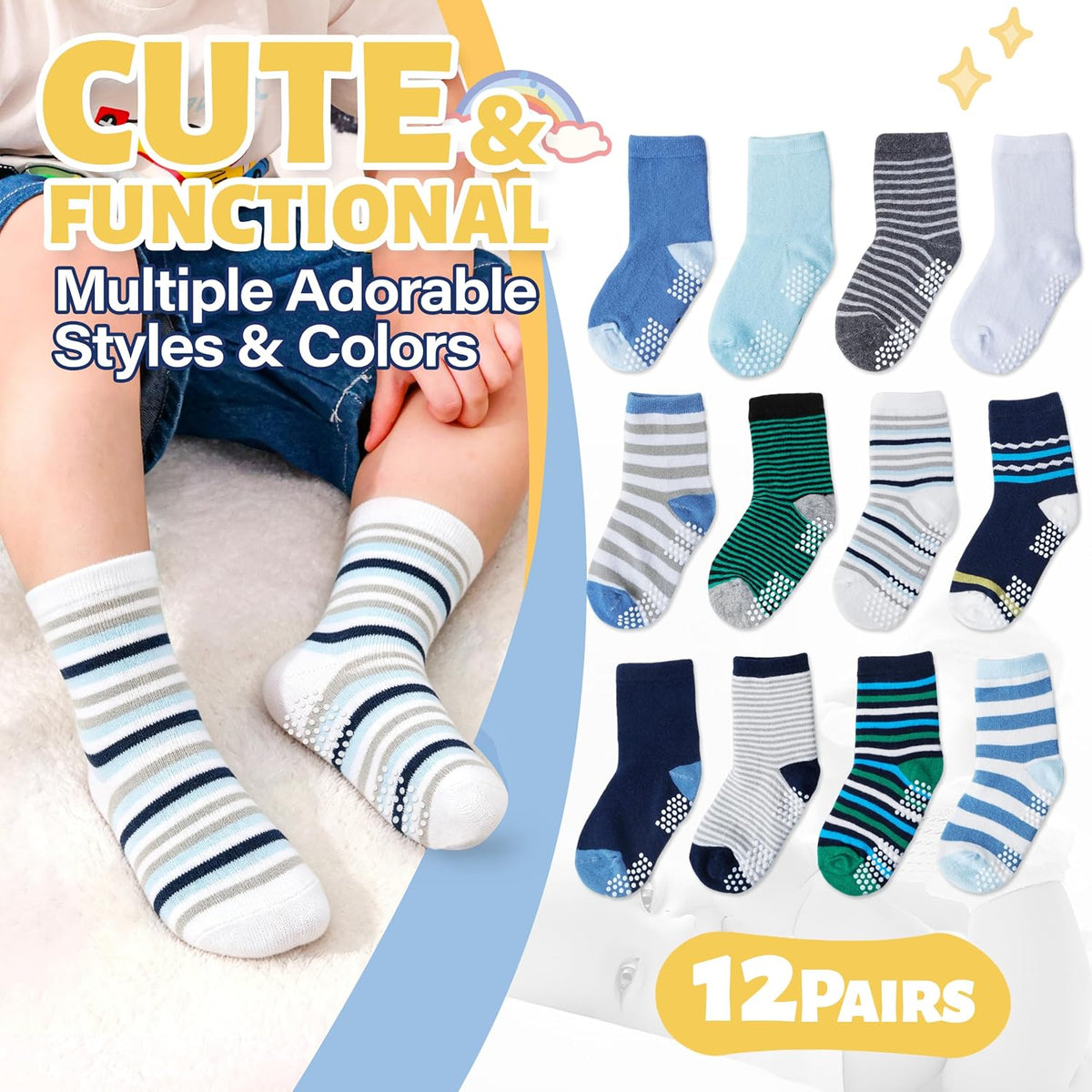 ANTSANG Baby Boys Grips Socks, Kids Toddlers Infants Crew Cotton Socks