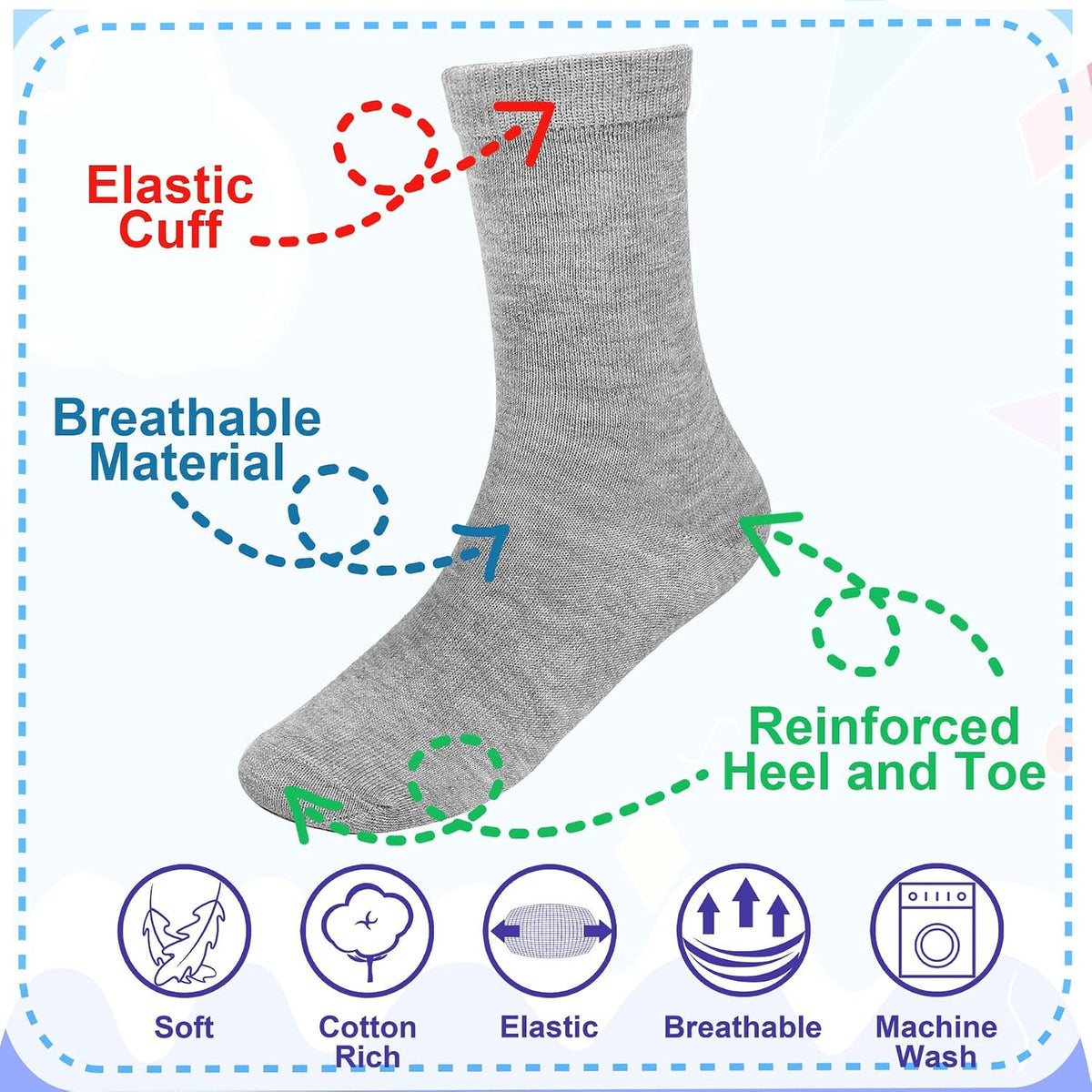 Falari 12-Pack Boy Toddler Kids Cotton Crew Socks, Casual Athletic Dress Socks