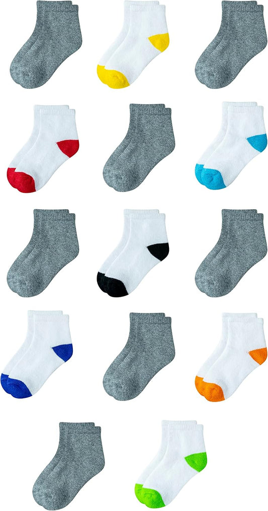 Amazon Essentials Unisex Kids and Toddlers' Cotton Ankle Socks with Cushioned Sole for Boys Girls Toddlers, 14 Pairs