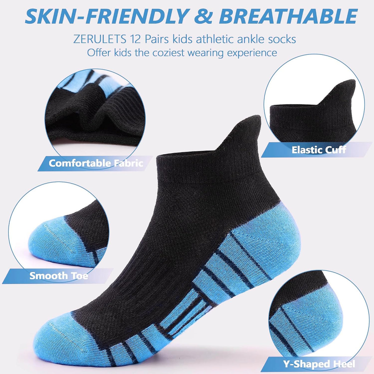 ZERULETS Kids Socks 12 Pairs Toddler Ankle Athletic Socks with Tab 1-14 Years