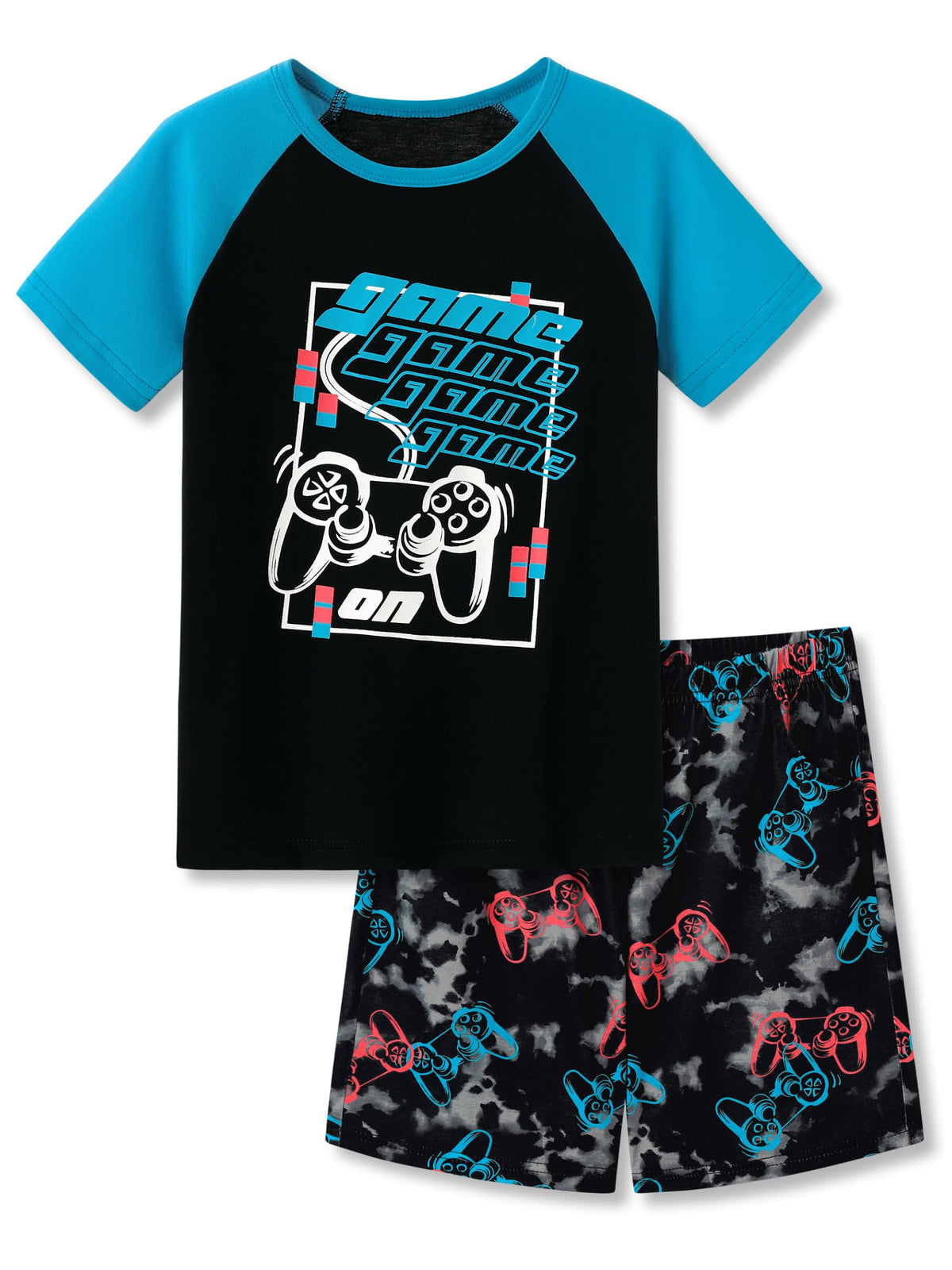 Beezizac Boys Pajamas, Teal & Navy Face Short-Sleeve and Shorts, Sizes 6-18