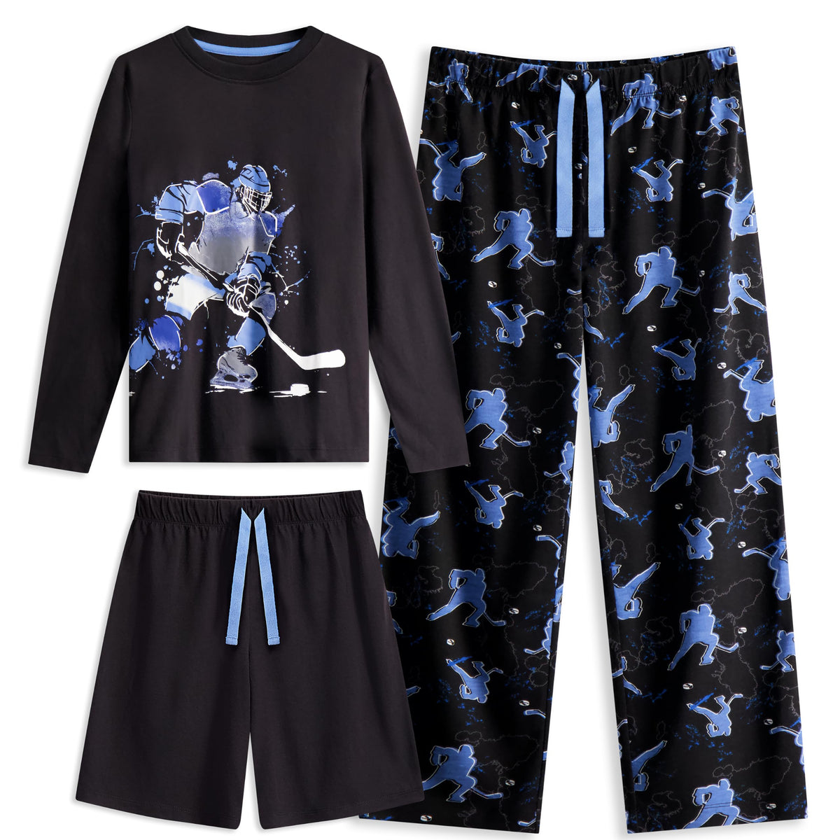 US Angels Boys Pajamas Set | 3-Piece Pant, Shirt, Shorts Sleepwear Pjs for Kids | Loose Fit, Soft, Breathable Blue Plaid