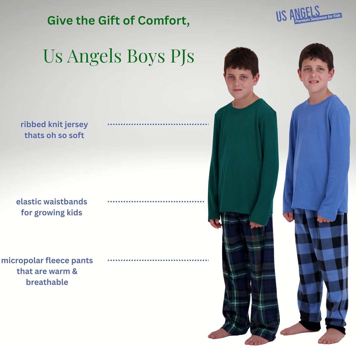 US Angels Boys Pajamas Set | 4-Piece Long Sleeve & Fleece Pants | Soft Warm Sleepwear Pjs for Kids & Teens