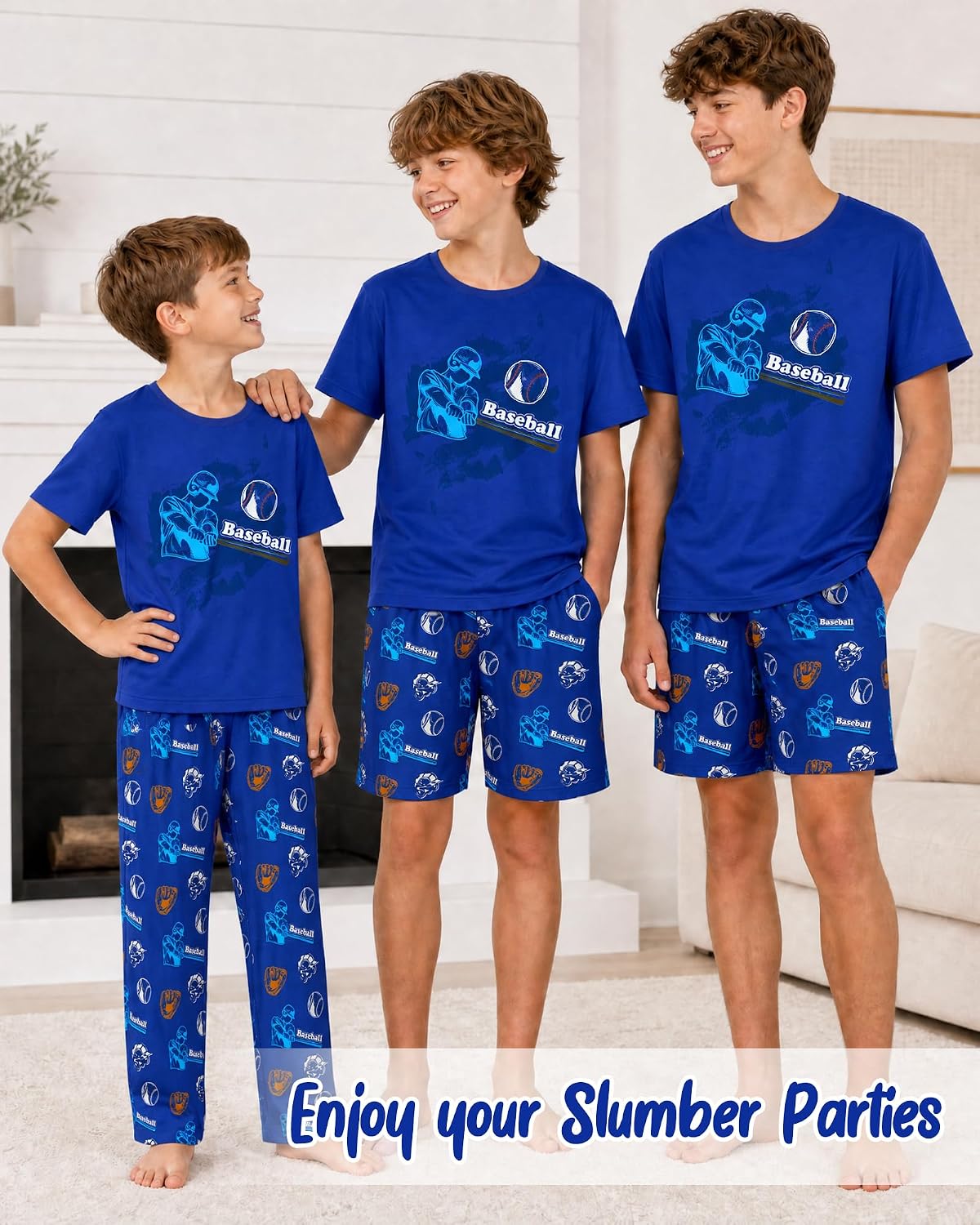 Fiodrimy Boys Pajamas 3-Piece Pjs Set Top with Shorts and Pants Sleepwear for Kids Soft Jammies Loungewear Size 8-14