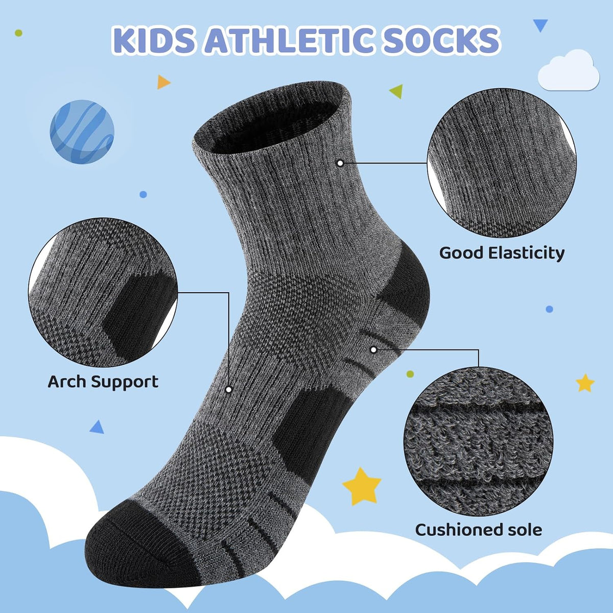 Comfoex 12 Pairs Boys Socks kids Cushioned Sport Short Quarter Athletic Sock For Little Big Kids 6-8 8-10 years