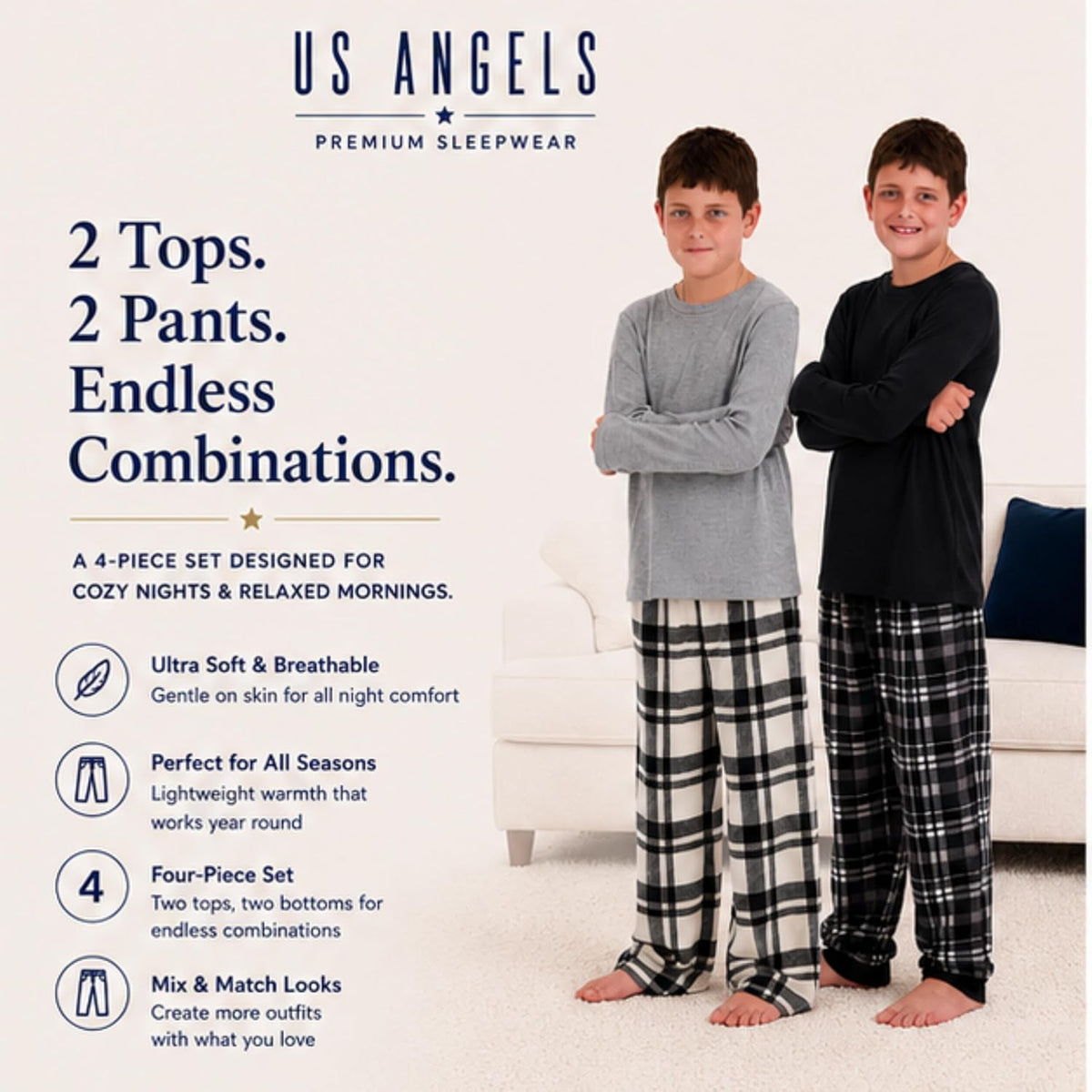 US Angels Boys Pajamas Set | 4-Piece Long Sleeve & Fleece Pants | Soft Warm Sleepwear Pjs for Kids & Teens