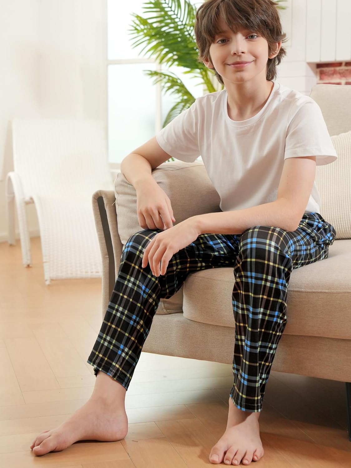 Cooraby 4 Pack Boys Plaid Pants with Pockets Elastic Waist Drawstring Printed Plaid Pants Christmas for Boys Girls