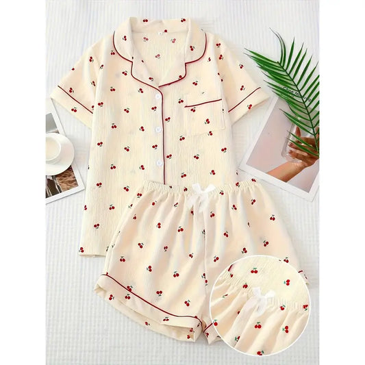 Boys' Youth 2-Piece Loose-Fitting Short Sleeve Fruit Print Pajama Set - Polyester Bubble-Wrinkle Fabric, Lapel Top, Relaxed-Cut Bow Tie Shorts, Cold-Wash, Dry-Clean Kids' Nightwear Loungewear