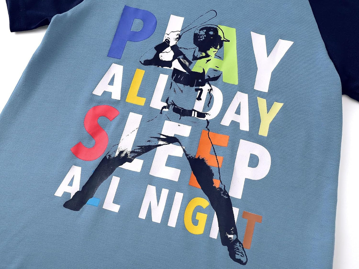 Tebbis Boys Comfy Raglan Pajama Set Fun Print Tee & Shorts Sizes 6-18