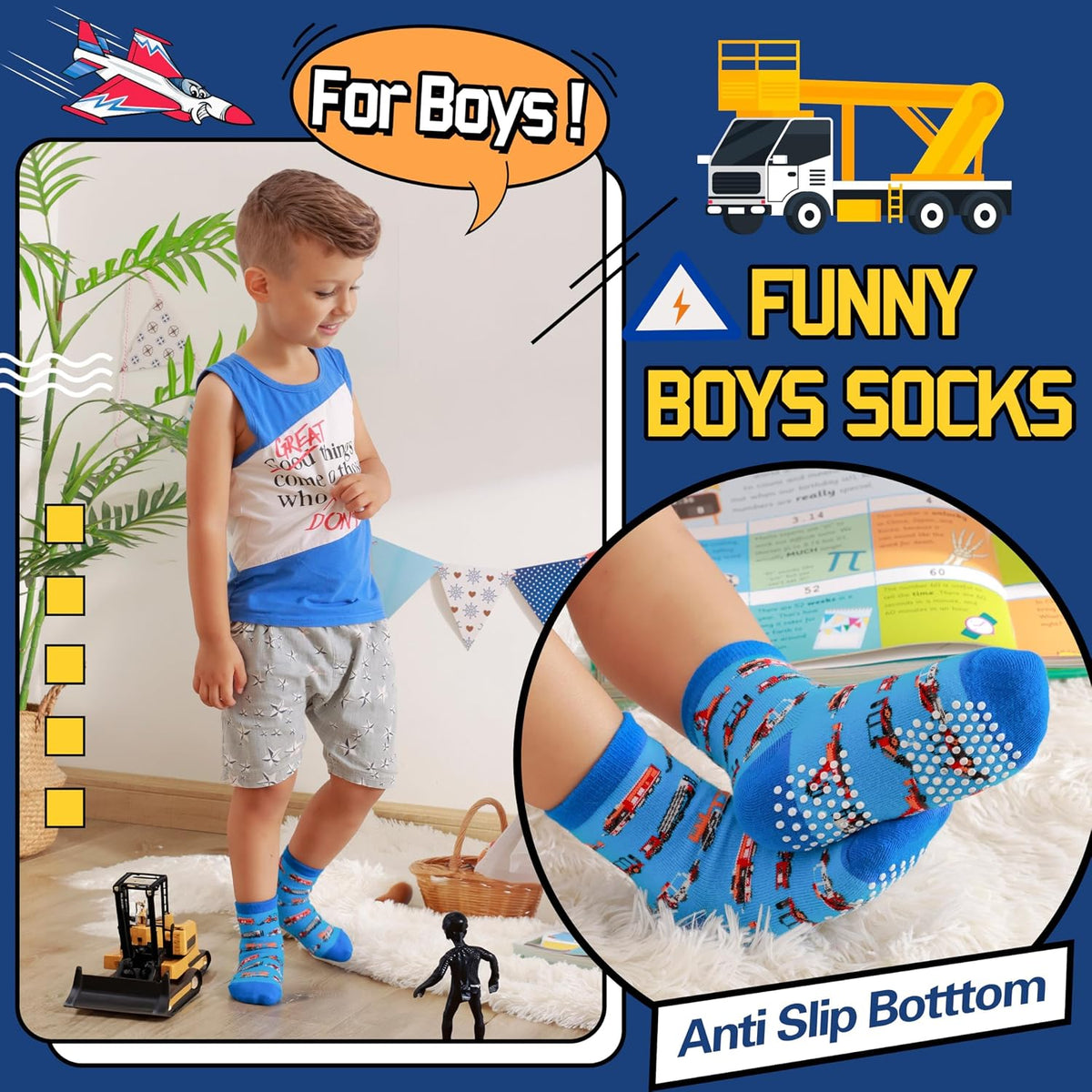 Welwoos Baby Boys Grips Socks 12 Pairs Kids Toddlers Infants Anti Slip Non Skid Funny Cartoon Crew Breathable Cotton Socks