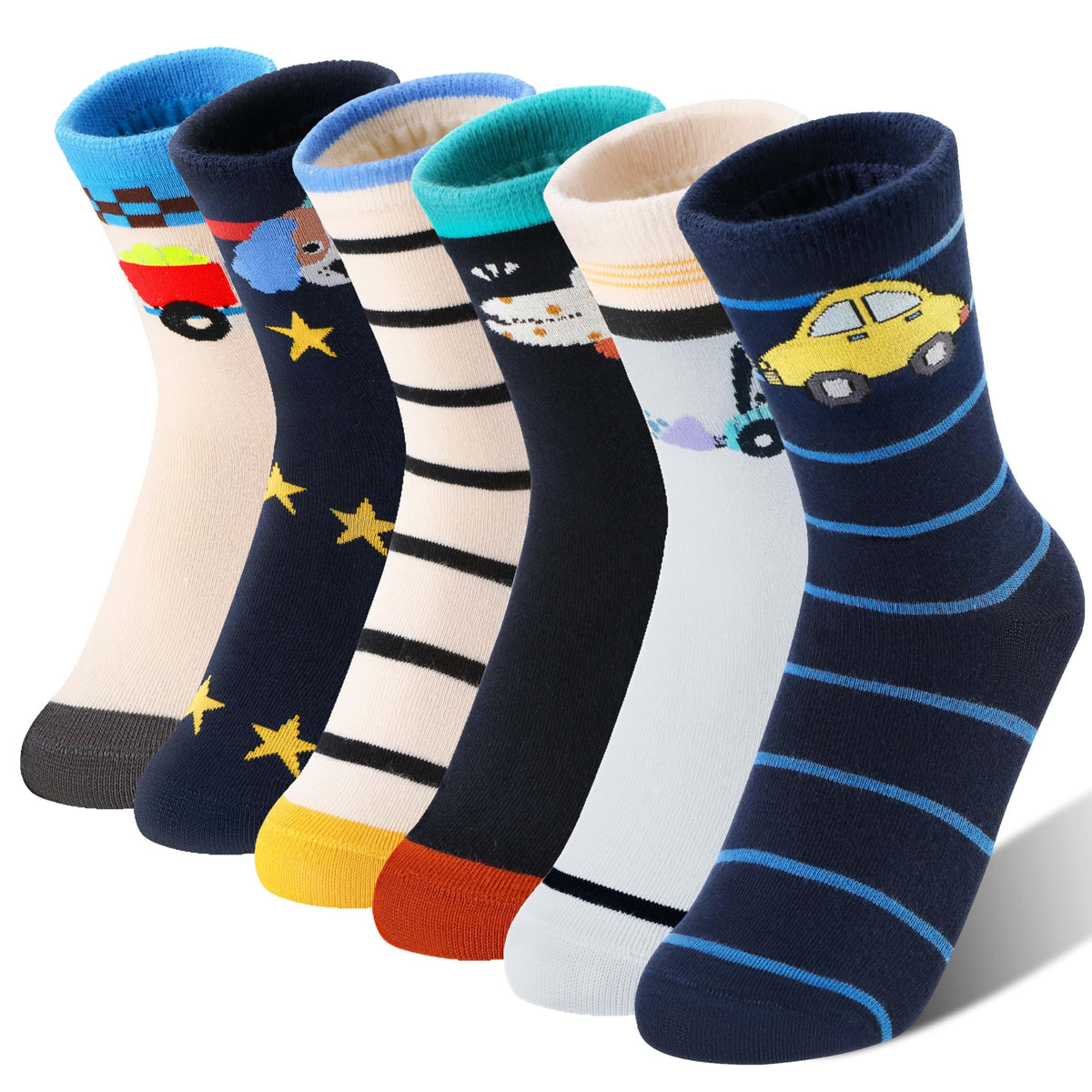 Kids Boys Fun Cotton Crew Socks Funny Crazy Cartoon Novelty Space Trucks Star Dress Socks 6 Pairs