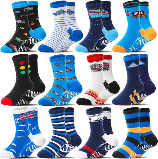 Welwoos Baby Boys Grips Socks 12 Pairs Kids Toddlers Infants Anti Slip Non Skid Funny Cartoon Crew Breathable Cotton Socks