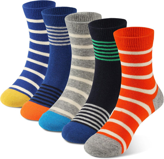 COTTON DAY Kids Boys Crew Dress Socks Bright Colorful Stripes Design 5 Pack