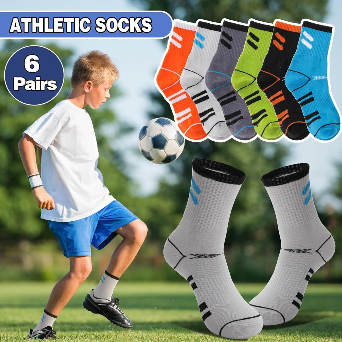 Sandsuced 6 Pairs Kids Boys Socks Athletic Basketball Sport Youth Crew Cotton Soft Breathable Socks for Outdoor