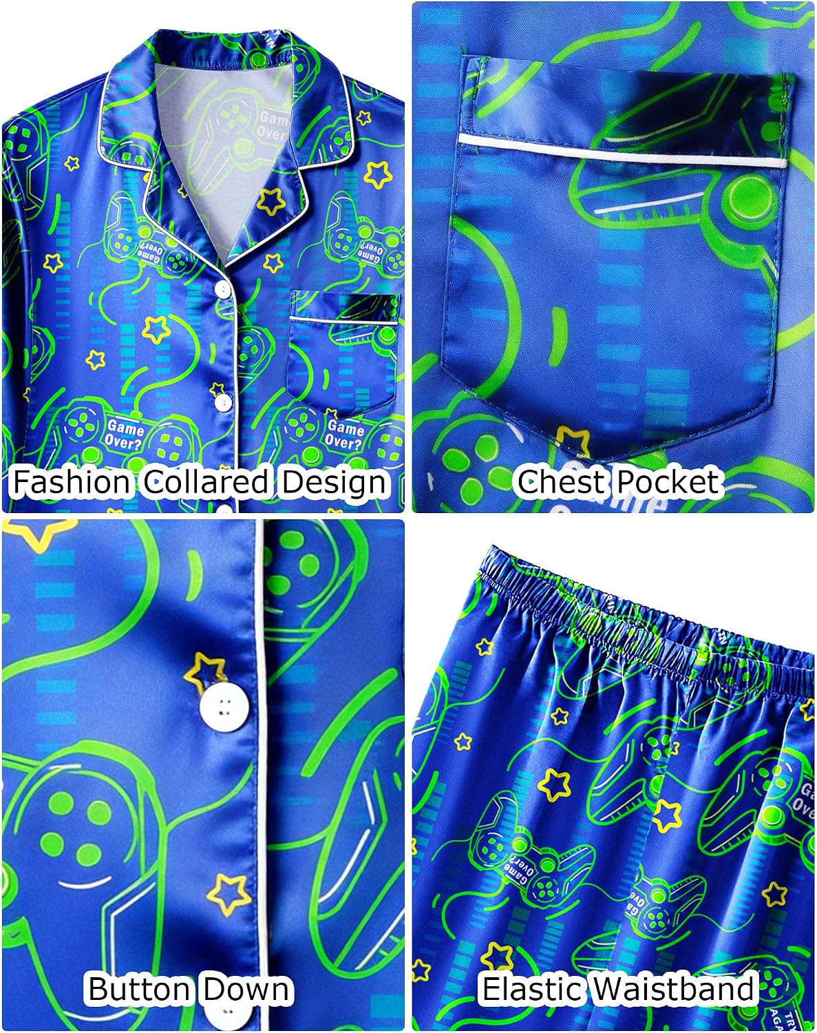 Fiodrimy Boys Pajamas Silky Satin Big Boys PJs Set 2 Piece Sleepwear Button Down Kids Jammies Loungewear Clothes Size 8-14