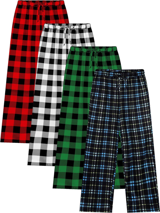 Cooraby 4 Pack Boys Plaid Pants with Pockets Elastic Waist Drawstring Printed Plaid Pants Christmas for Boys Girls