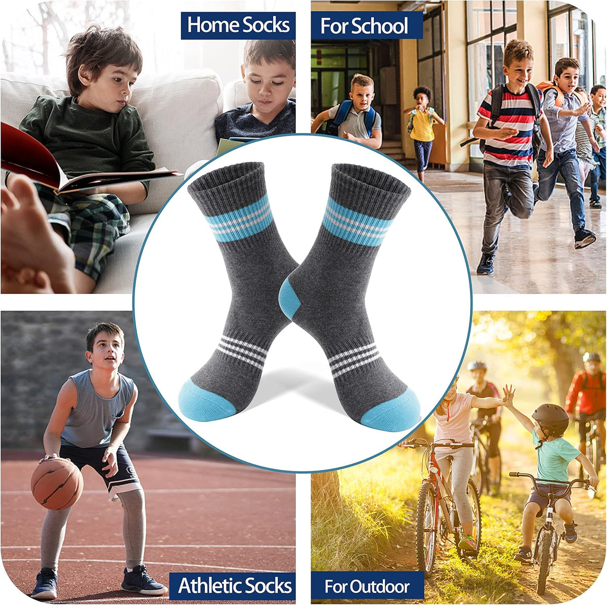 Welwoos 6 Pairs Kids Boys Girls Socks Athletic Basketball Youth Sport Crew Cotton Breathable Soft Socks