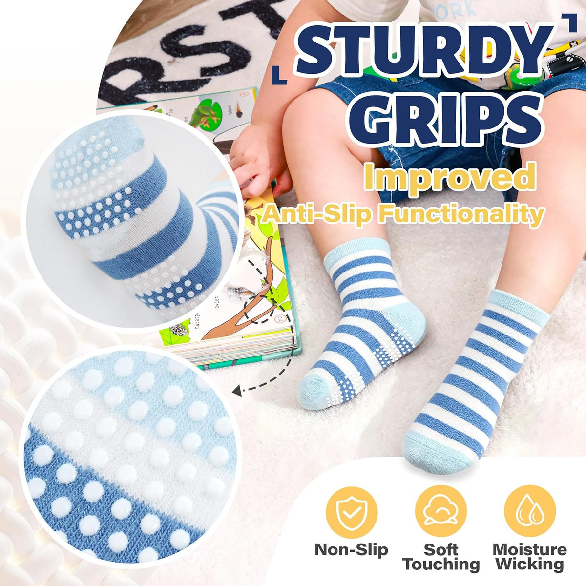 ANTSANG Baby Boys Grips Socks, Kids Toddlers Infants Crew Cotton Socks