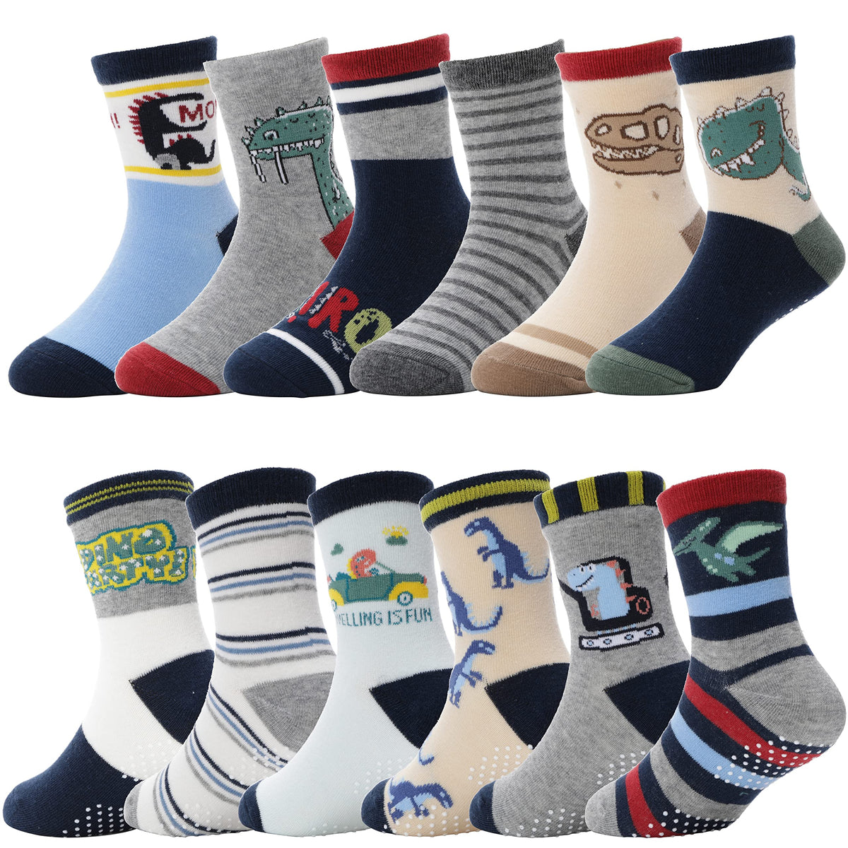 ANTSANG Baby Boys Grips Socks, Kids Toddlers Infants Crew Cotton Socks