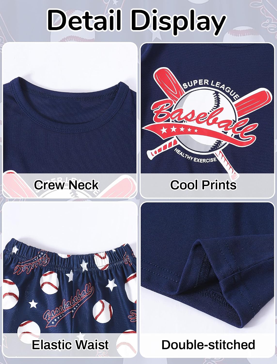 Mikrdoo Boys Pajamas 3 Piece Summer Sleepwear Soft Short Sleeves Shorts Set & Long Pants Cool PJs Size 2-14 Years