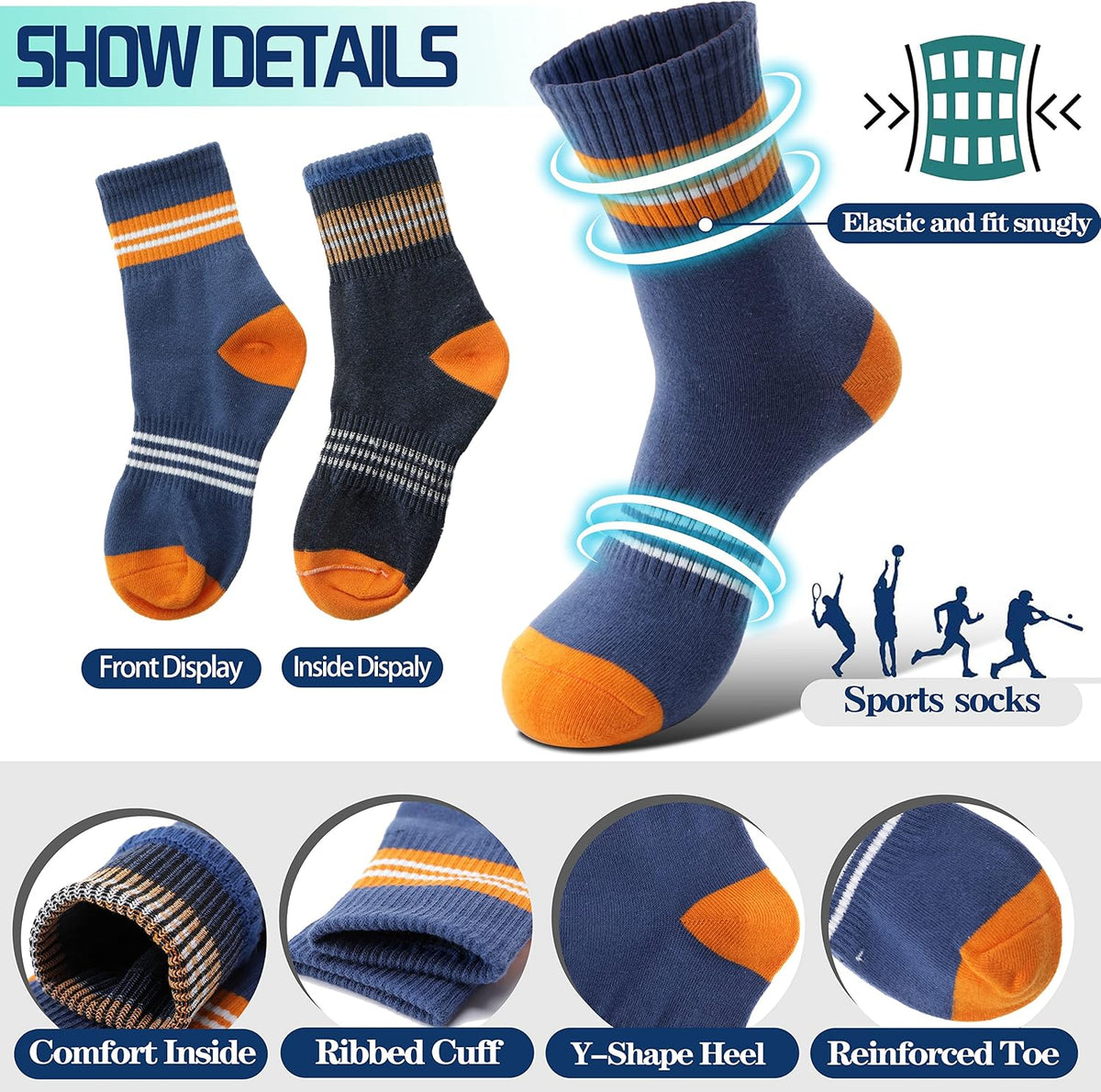 Welwoos 6 Pairs Kids Boys Girls Socks Athletic Basketball Youth Sport Crew Cotton Breathable Soft Socks
