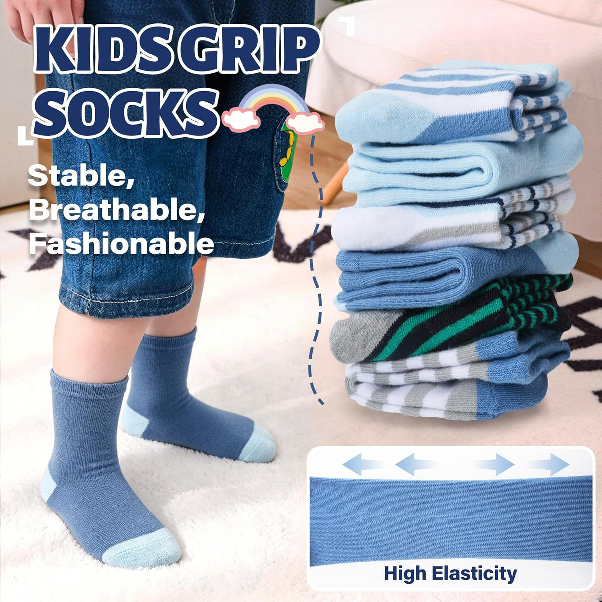 ANTSANG Baby Boys Grips Socks, Kids Toddlers Infants Crew Cotton Socks