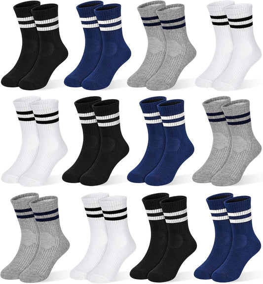 GENTABY 12 Pairs Boys Crew Socks, Kids Athletic Stripes Socks Toddler 1-12Y